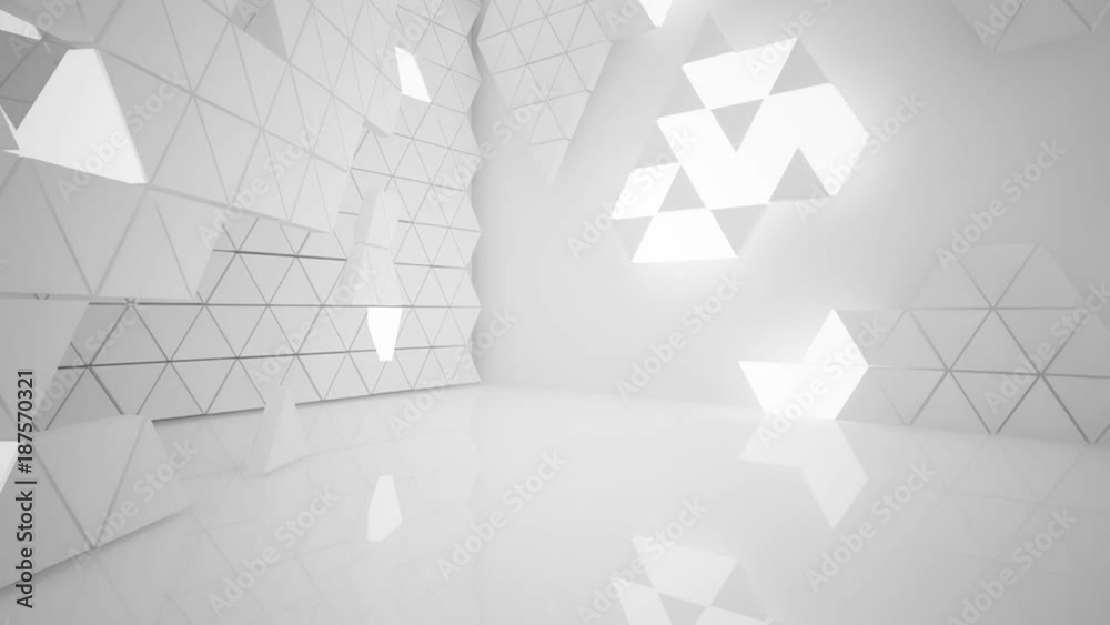The structure of the white  triangle prism. Architectural background of the future. 3D animation and rendering 