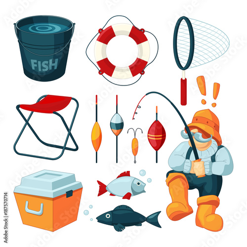 Different equipment for fishing. Fisherman with rod. Vector pictures set