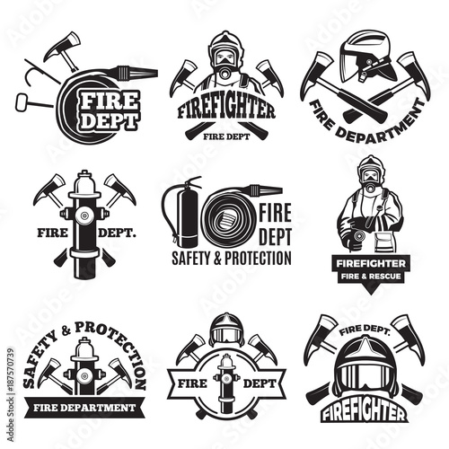 Monochrome labels set for fire department. Pictures of fireman