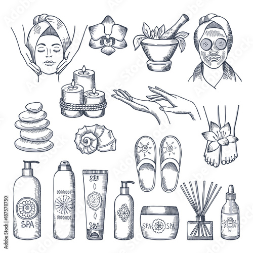 Illustrations set for spa salon. Candles, oils and stones, water therapy