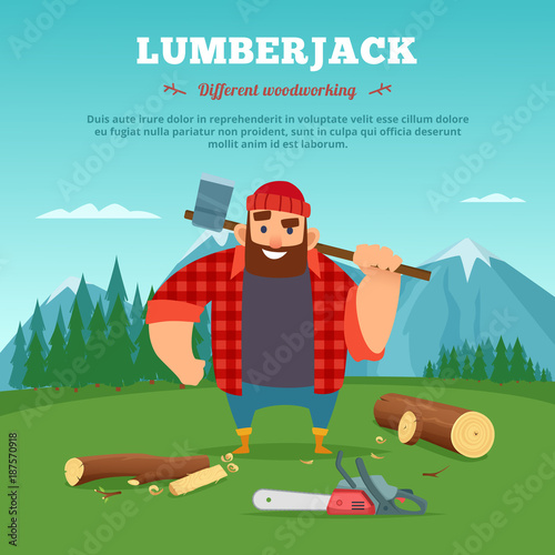 Poster with illustrations of wood machine and lumberjack