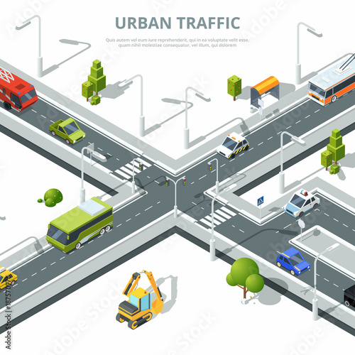 City crossroad. Illustrations of urban traffic with different cars. Vector isometric pictures