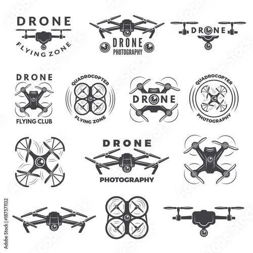 Set labels with different illustrations of drones