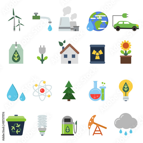 Different green symbols on the ecology theme. Vector icons set in flat style
