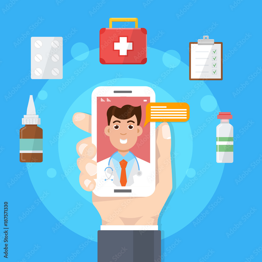 Obraz premium Pharmacy, doctor online medical consultation, internet health service. Vector illustration.