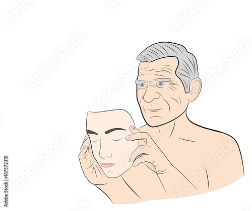An elderly man dresses a mask with the face of a young guy. concept of rejuvenation. vector illustration.
