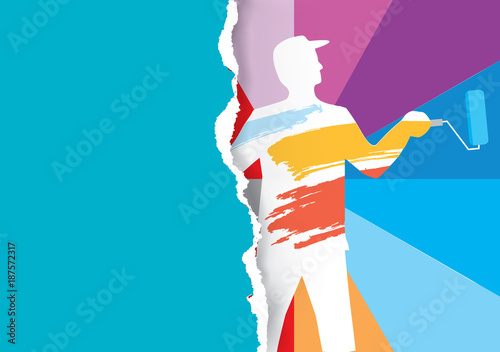 Room painter ripped paper background template.
Male silhouette with paint roller  on a half round colorful striped background and ripped paper with place for your text. Vector available.