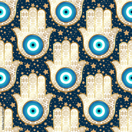 Background with stars and ornate hamsa, obereg against the evil eye and spoilage