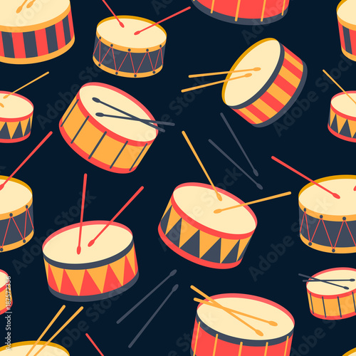Seamless pattern with drums and drum sticks. Flat vector illustration.