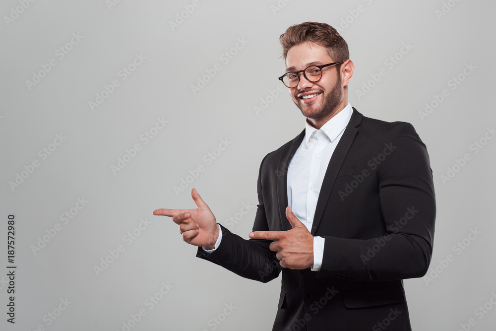 Content elegant man pointing away Content elegant man pointing away