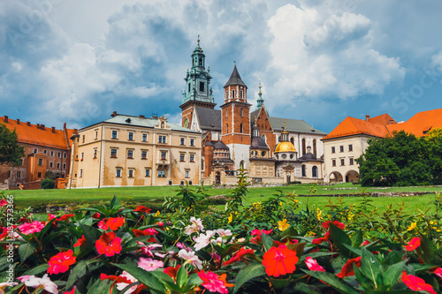 Cathedral on wawel hill with the stormy clouds in the background