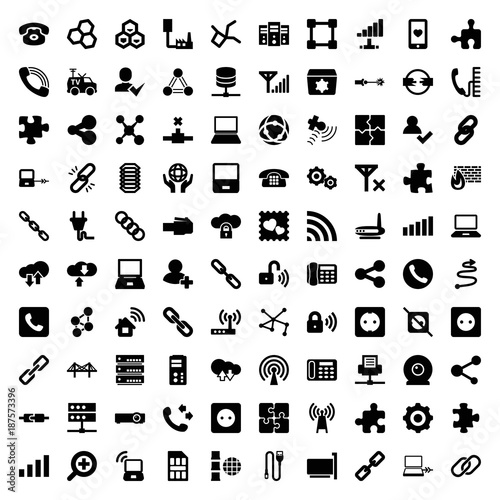 Connection icons. set of 100 editable filled connection icons