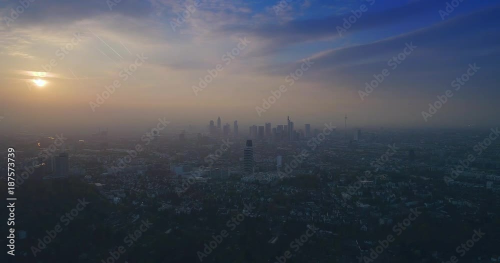 Aerial view of Incredible sunset over city Frankfurt am Main, Germany, Europe Aerial view of Incredible sunset over city Frankfurt am Main, Germany, Europe