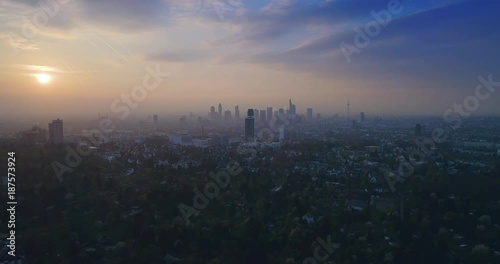 Aerial view of Incredible sunset over city Frankfurt am Main, Germany, Europe