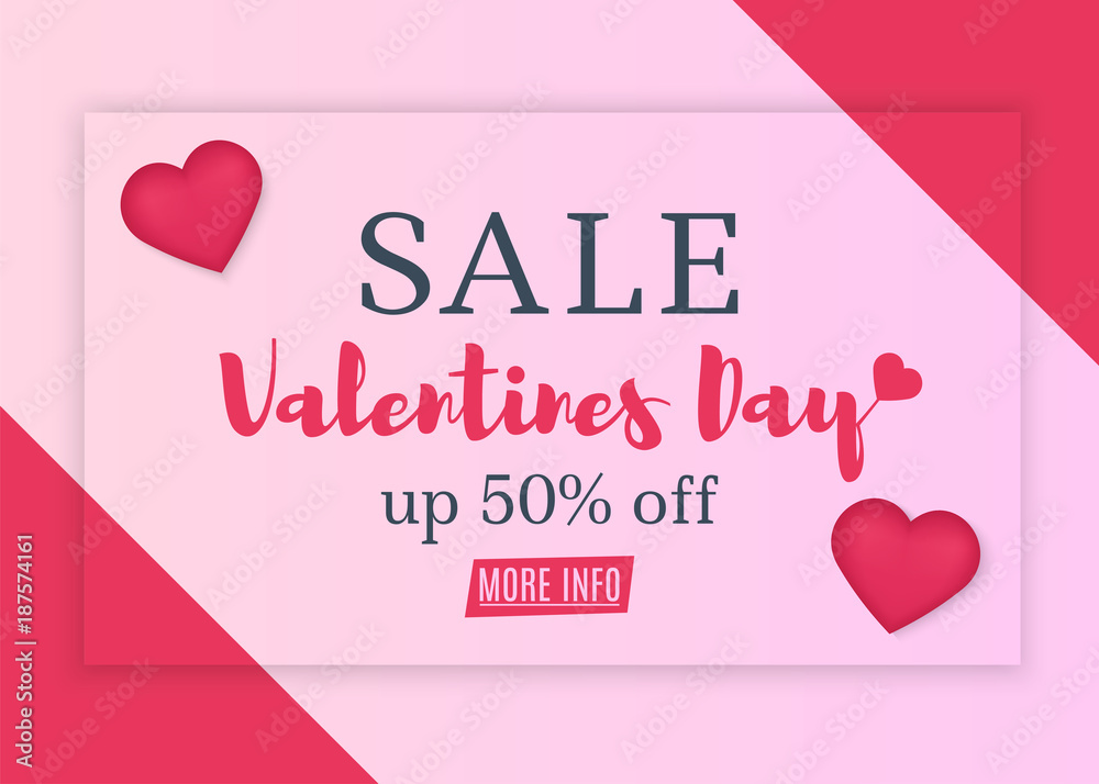 Valentines day. Sale banner with Hearts and Lettering. Modern minimal design with geometric shapes. Vector illustration