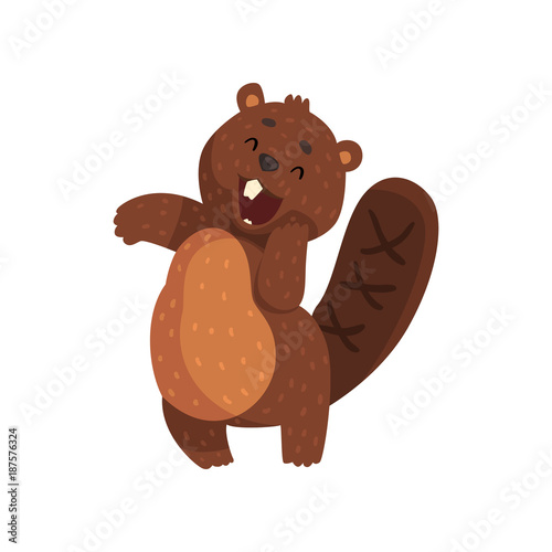 Shy little beaver with cute muzzle. Adorable forest animal with little ears, shaped tail and big teeth. Cartoon rodent character. Flat vector for sticker, print or book