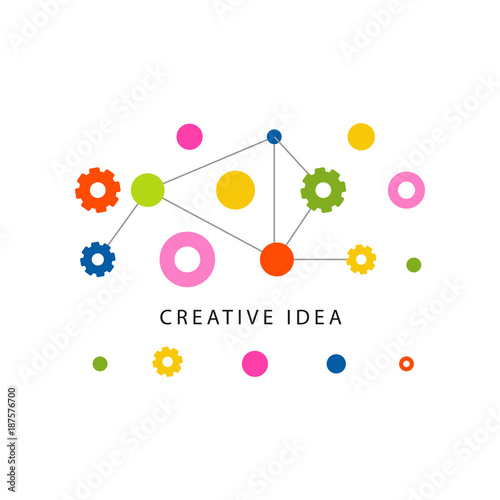 Creative idea logo template with colorful gears and other details. Educational business label. Abstract concept of brainstorm mechanism. Vector isolated on white.