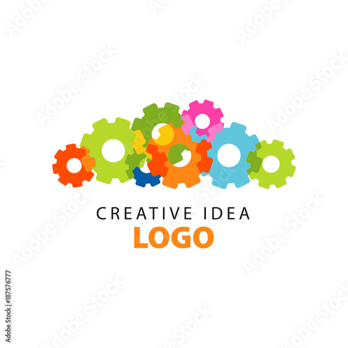 Creative idea logo design template with colorful flat gears. Educational business, development center label. Vector illustration isolated on white.