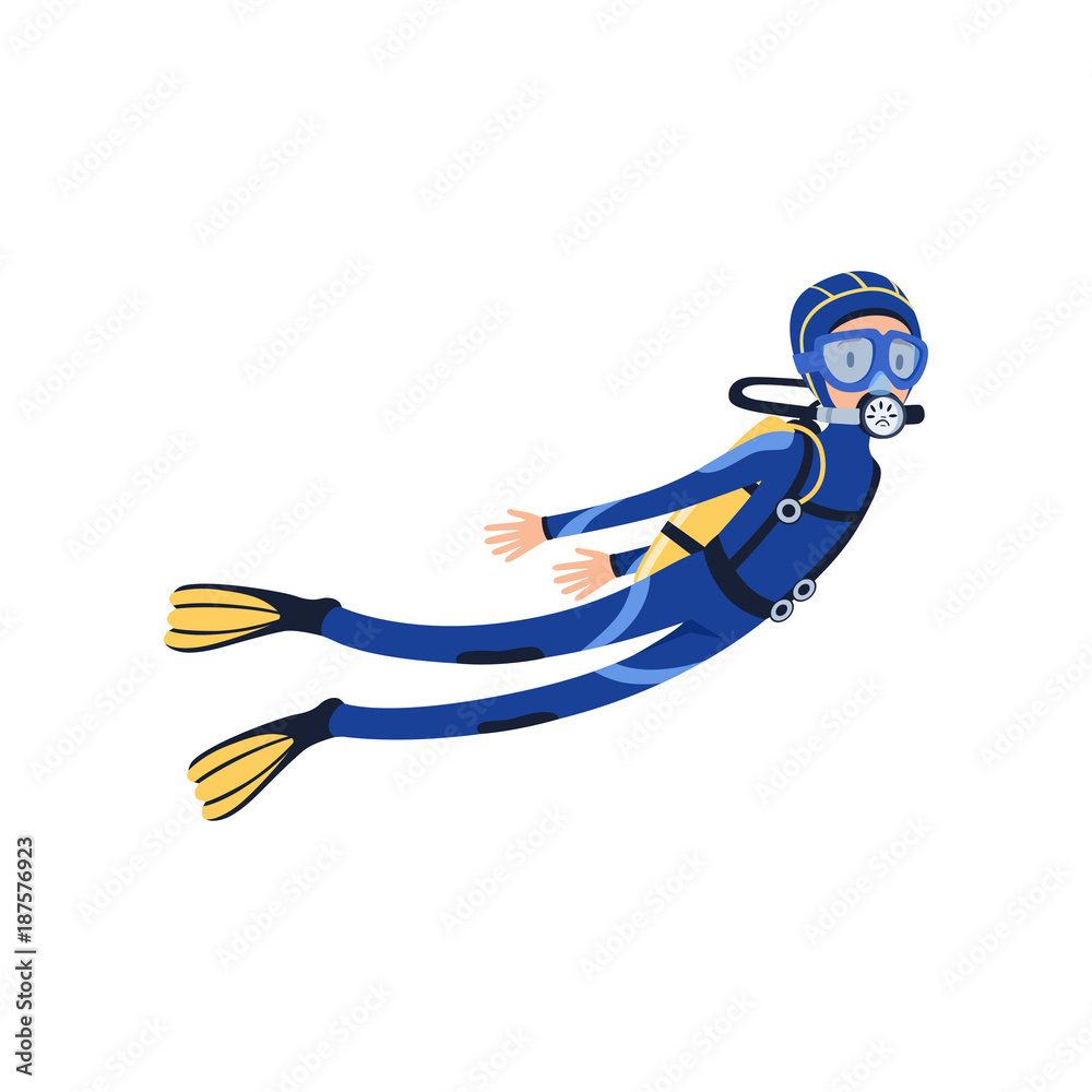 Professional scuba diver swimming underwater. Cartoon man character in