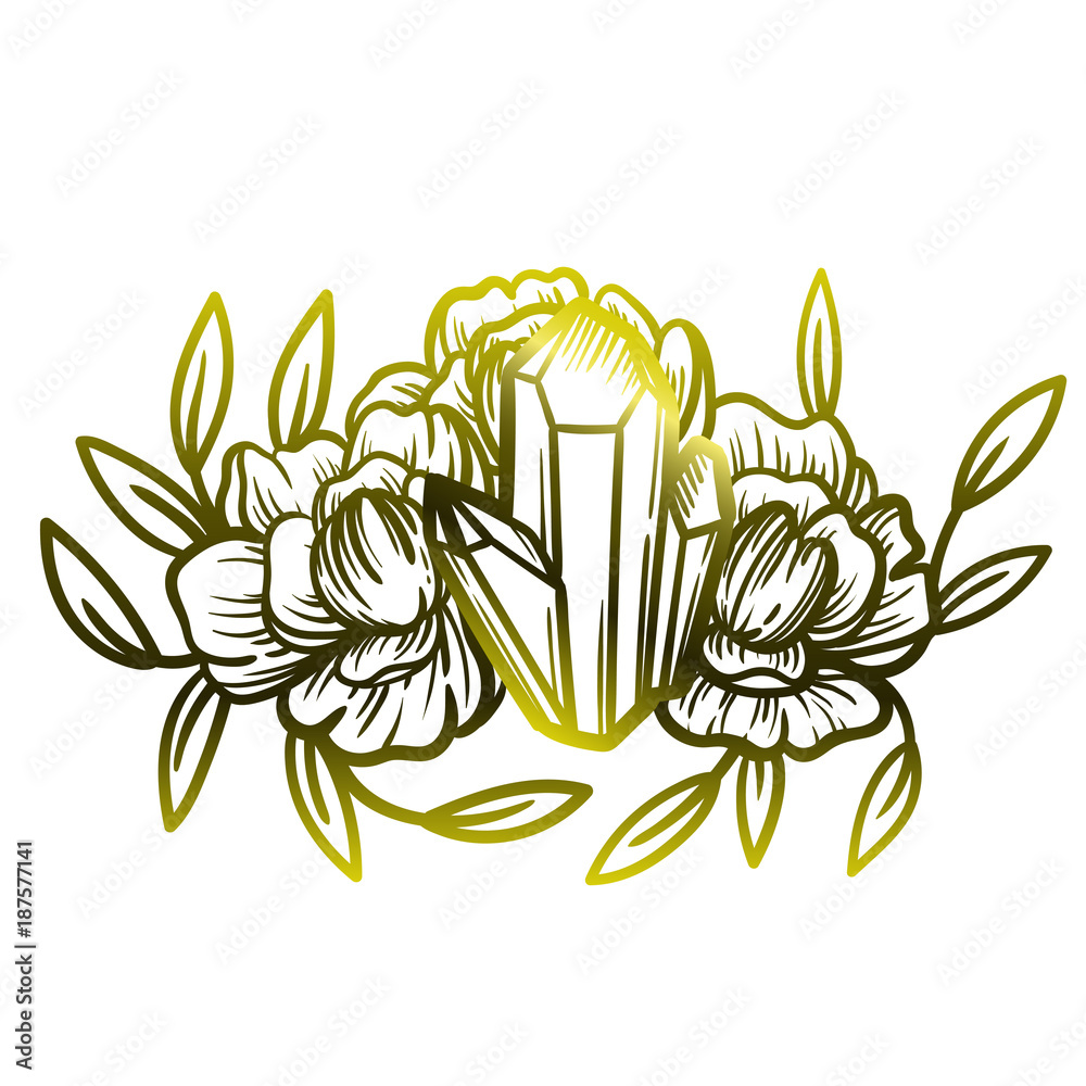 Crystal with peony flowers. Beautiful illustration with crystal quartz and flowers. Crystal with peony flowers. Beautiful illustration with crystal quartz and flowers.