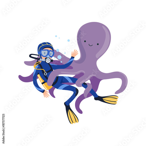 Giant purple octopus attacked diver with his tentacles. Marine life. Cartoon man in blue wetsuit, mask, flippers and equipment for breathing on back. Flat vector design