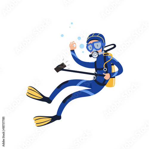 Diver swimming underwater and taking selfie using camera on monopod. Man in diving suit, goggles, flippers and breathing gas on back. Flat vector design © topvectors