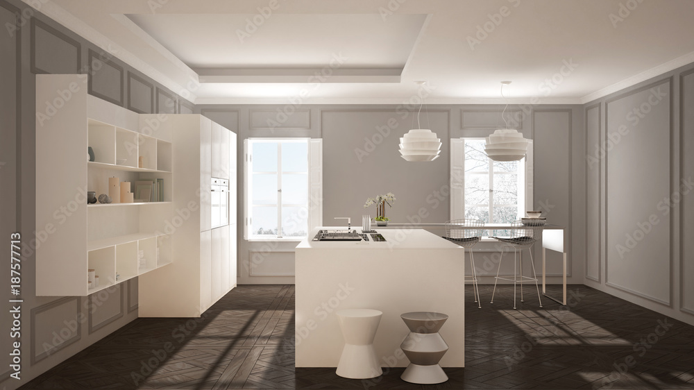 Modern kitchen furniture in classic room, old parquet, minimalist architecture, white and gray interior design