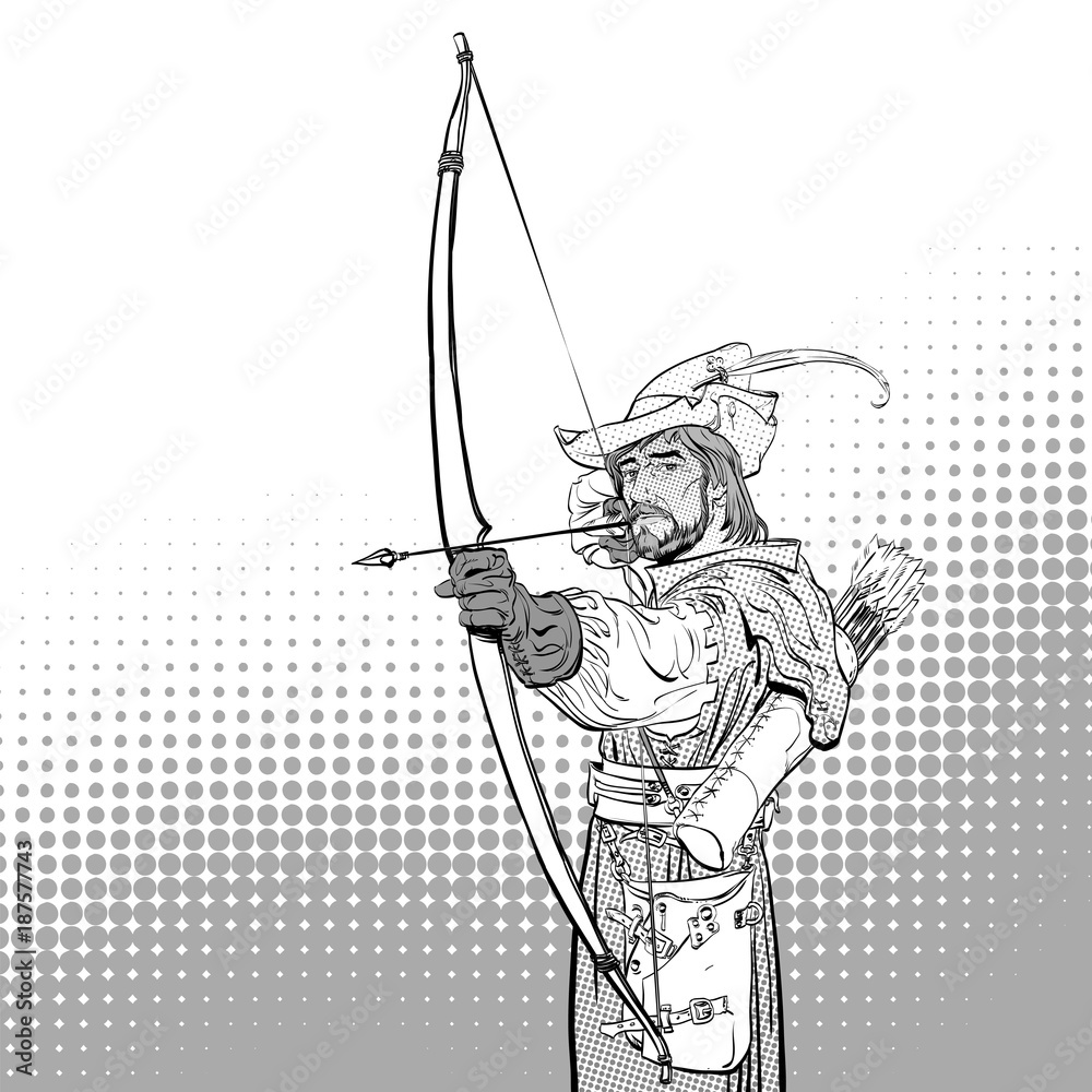 Robin Hood aiming on target. Robin Hood standing with bow and arrows. Defender of weak. Medieval legends. Heroes of medieval legends. Halftone background. Robin Hood aiming on target. Robin Hood standing with bow and arrows. Defender of weak. Medieval legends. Heroes of medieval legends. Halftone background.