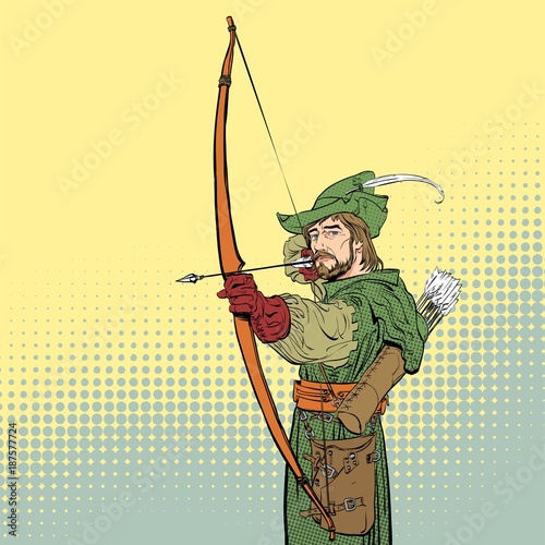 Robin Hood aiming on target. Robin Hood standing with bow and arrows. Defender of weak. Medieval legends. Heroes of medieval legends. Halftone background.