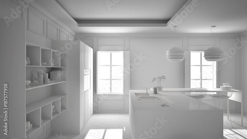 Total white project of modern kitchen furniture in classic room, old parquet, minimalist architecture interior design