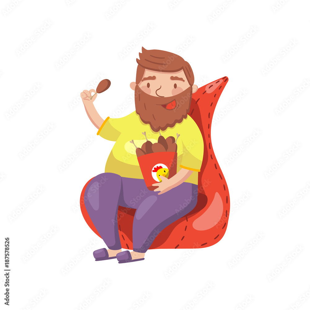 Fat bearded man sitting on armchair and eating fried chicken legs cartoon vector Illustration