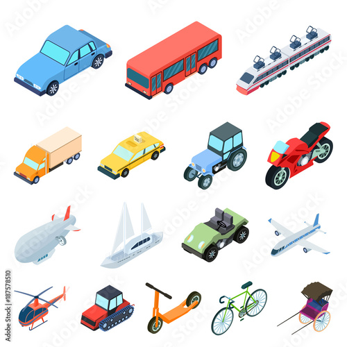 Different types of transport cartoon icons in set collection for design. Car and ship isometric vector symbol stock web illustration.