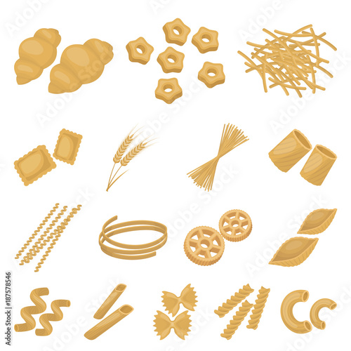 Types of pasta cartoon icons in set collection for design. Figured macaroni for eating vector symbol stock web illustration.