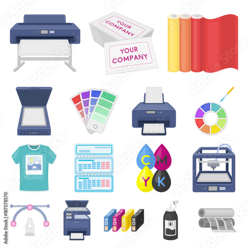 Typographical products cartoon icons in set collection for design. Printing and equipment vector symbol stock web illustration.