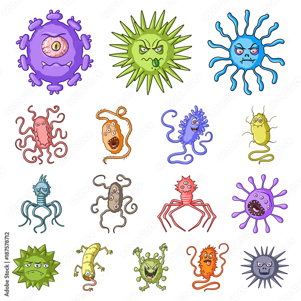 Fotografie Types of funny microbes cartoon icons in set collection for design