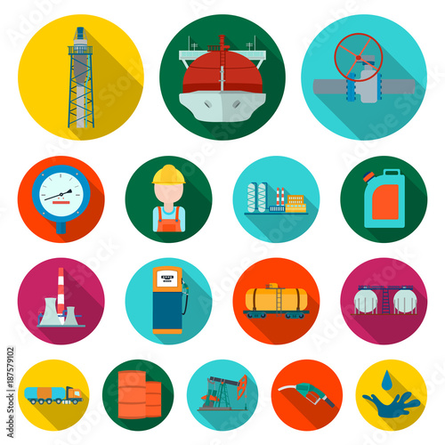 Oil industry flat icons in set collection for design. Equipment and oil production vector symbol stock web illustration.