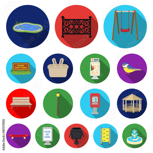 Park, equipment flat icons in set collection for design. Walking and rest vector symbol stock web illustration.