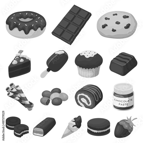 Chocolate Dessert monochrome icons in set collection for design. Chocolate and Sweets vector symbol stock web illustration.