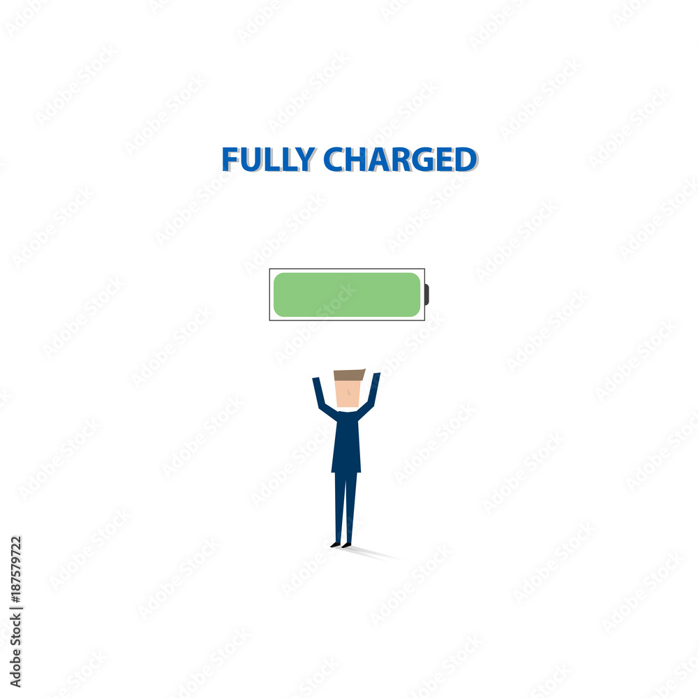 Businessman with fully charged and ready to work. Business concept of power and success. Vector illustration. Businessman with fully charged and ready to work. Business concept of power and success. Vector illustration.