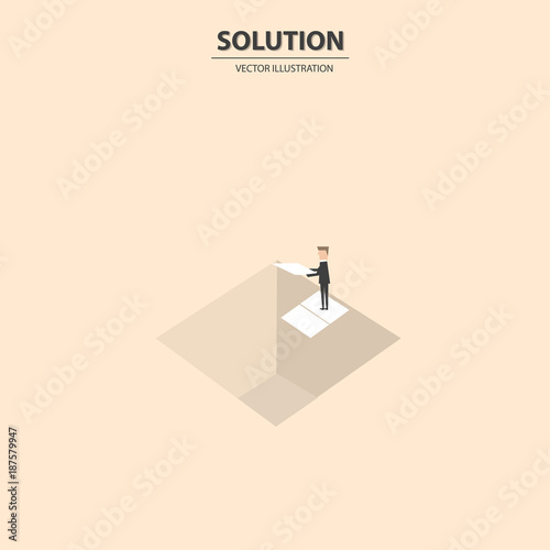 Businessman building bridge over deep hole. Business solution vector concept. Symbol of business success, overcome challenges and ambition. Vector illustration.