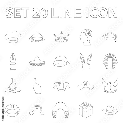 Different kinds of hats outline icons in set collection for design.Headdress vector symbol stock web illustration.