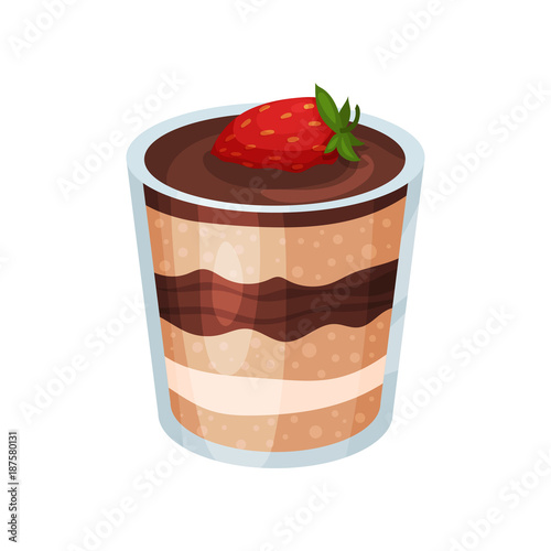 Layered chocolate dessert, panna cotta or vanilla pudding in glass cartoon vector Illustration photo