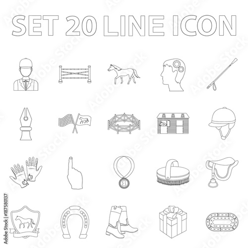 Hippodrome and horse outline icons in set collection for design. Horse Racing and Equipment vector symbol stock web illustration.