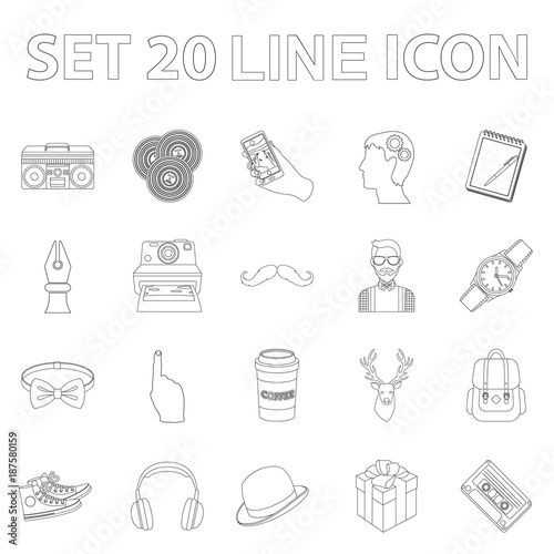 Style Hipster outline icons in set collection for design. Hipster Attributes and accessories vector symbol stock web illustration.