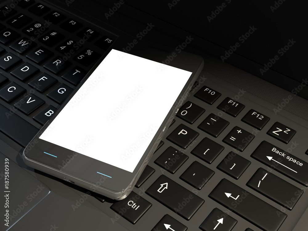 Smartphone with empty, blank screen on modern laptop keyboard - 3D rendering, mock up template Smartphone with empty, blank screen on modern laptop keyboard - 3D rendering, mock up template