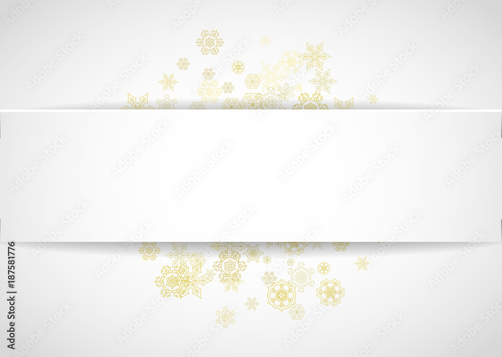Glitter snowflakes frame on white horizontal background. Paper Christmas and New Year frame for gift certificate, ads, banners, flyers. Falling snow with golden glitter snowflakes for party invite