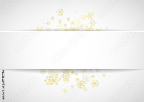 Fototapeta Naklejka Na Ścianę i Meble -  Glitter snowflakes frame on white horizontal background. Paper Christmas and New Year frame for gift certificate, ads, banners, flyers. Falling snow with golden glitter snowflakes for party invite