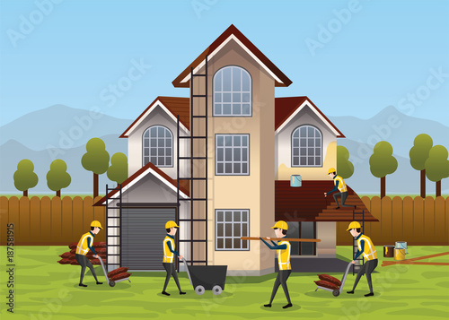 Building, house construction design & concept. People working on house development  - Vector Illustration 