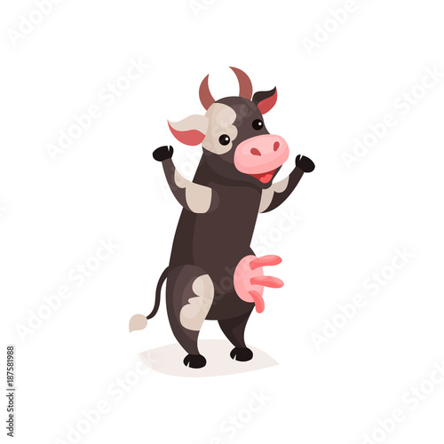 Funny spotted cow, milk cow standing on two legs cartoon vector Illustration