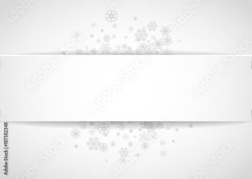 Snow frame on white paper background. Horizontal Christmas and Happy New Year theme. Silver snow frame for banner, gift card, party invitation, partner compliment and special business offers